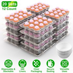 12 Count 20 Sets Clear Cupcake Boxes Disposable Cupcake Containers Stackable Cupcake Carrier Holders with 240 Liners High Dome Lid