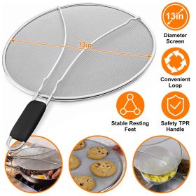 Grease Splatter Screen 13in Stainless Steel Fine Mesh Splash Mesh Shield Hot Oil Stopper w/ Resting Feet For Frying Pan Cooking Woks Skillets Pots Pan
