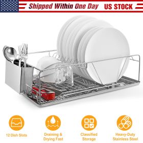 Dish Drying Rack Stainless Steel Dish Rack w/ Drainboard Cutlery Holder Kitchen Dish Organizer (Option: DishRack)