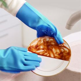 1 Pair Magic Silicone Brush Dishwashing Gloves Cleaning Sponge Pet Scrubber Heat Resistant Wash Gloves (Option: Blue)