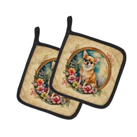 Chihuahua and Flowers Pair of Pot Holders Kitchen Heat Resistant Pot Holders Sets Oven Hot Pads for Cooking Baking BBQ, 7 1/2 x 7 1/2 (Default: Default)