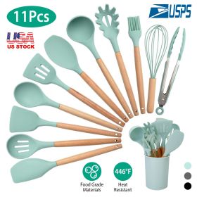 11Pcs Silicone Cooking Utensil Set Heat Resist Wooden Handle Silicone Spatula Turner Ladle Spaghetti Server Tongs Spoon Egg Whish Kitchenware Set w/ H (Option: Black)