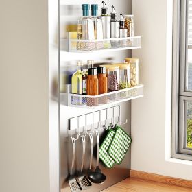 3 Pack Strong Magnetic Spice Rack with 8 Hooks Fridge Oven Microwave Magnetic Storage Shelves Seasoning Holder Organizer for Jars Seasoning Tins Utens (Option: White)